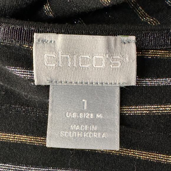 Chico’s SZ 1 (Medium) Top Striped Long Sleeves Stretch Scoop Neck Metallic Black - Picture 6 of 7